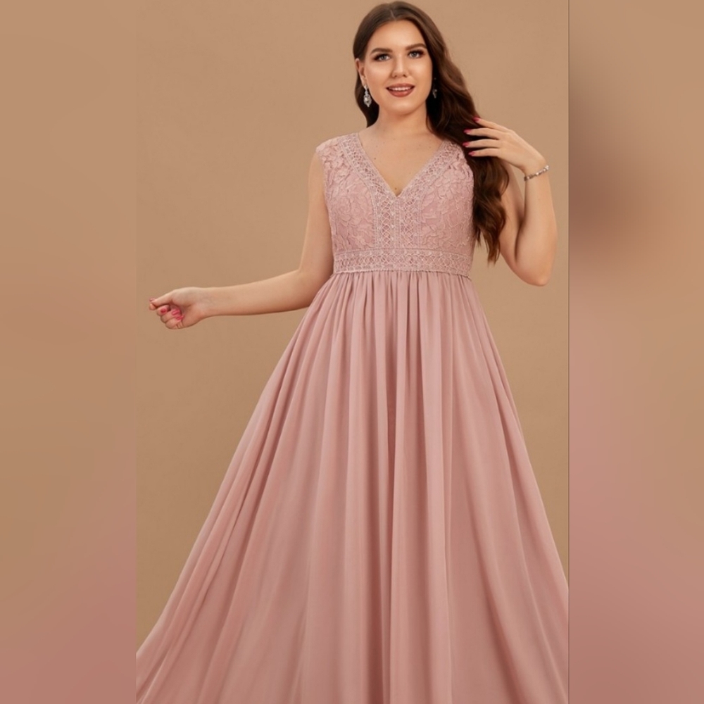 Formal party dress A-line V-Neck Floor-Length Chiffon Lace Sz 14 NEW pink Womens